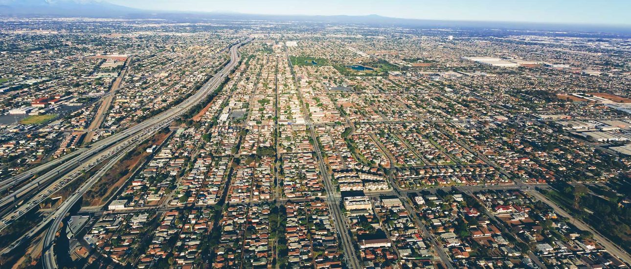 Aerial view of traffic on a highway in LA