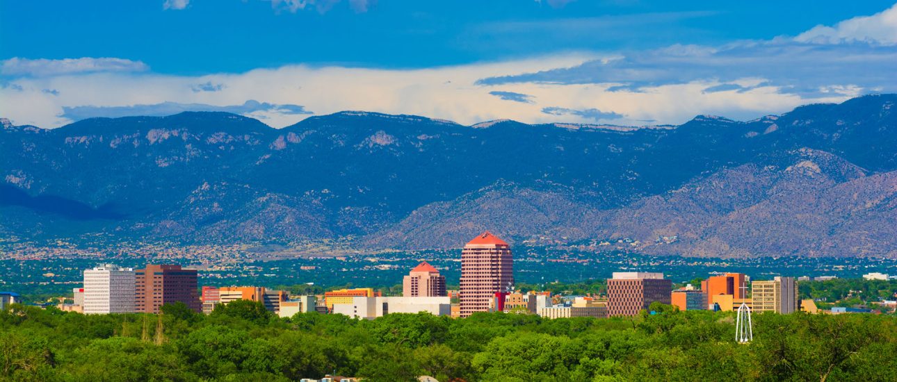 Albuquerque New Mexico skyline, mountains, and clouds