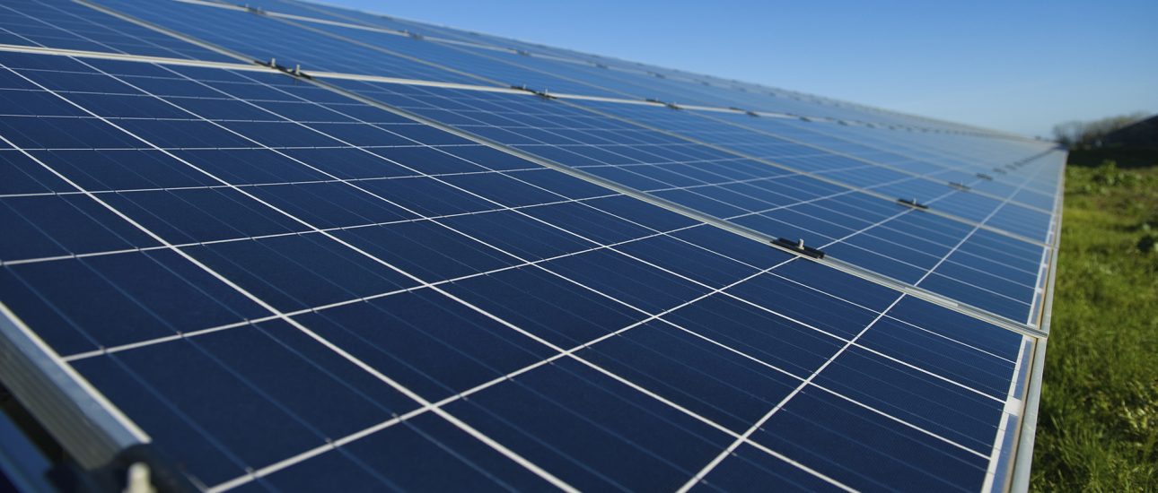 Row of solar panels on a solar farm