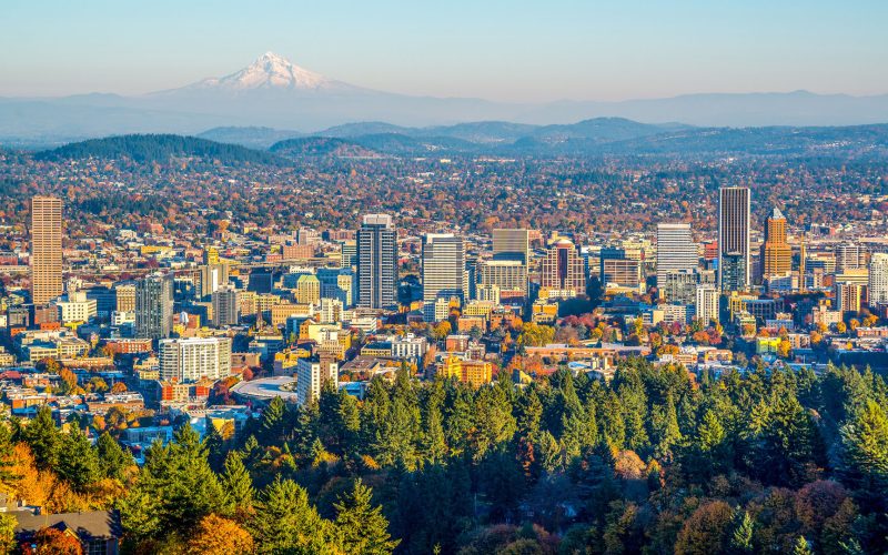 City of Portland Oregon and Mount Hood in Autumn