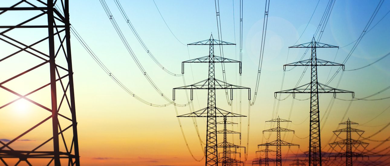 Electric transmission lines at dusk